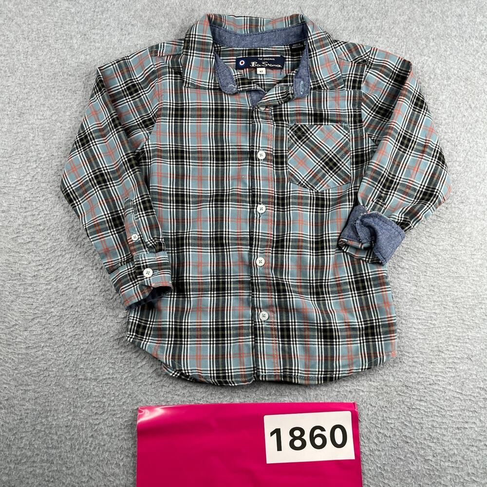 Ben Sherman Long Sleeve Button Up Toddler 4T Blue Plaid Flip Cuff casual